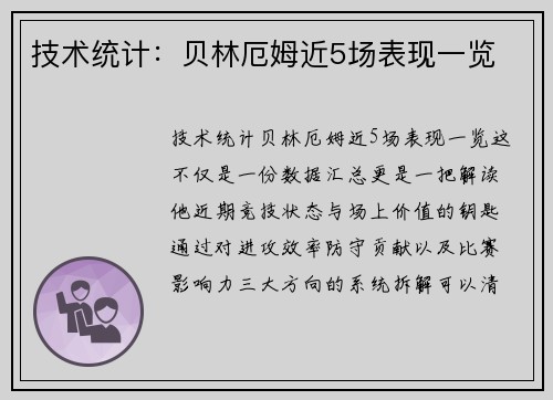技术统计：贝林厄姆近5场表现一览